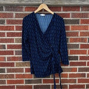 Jaclyn Smith Collection Royal Blue and Black Patterned Surplice V Neck Top